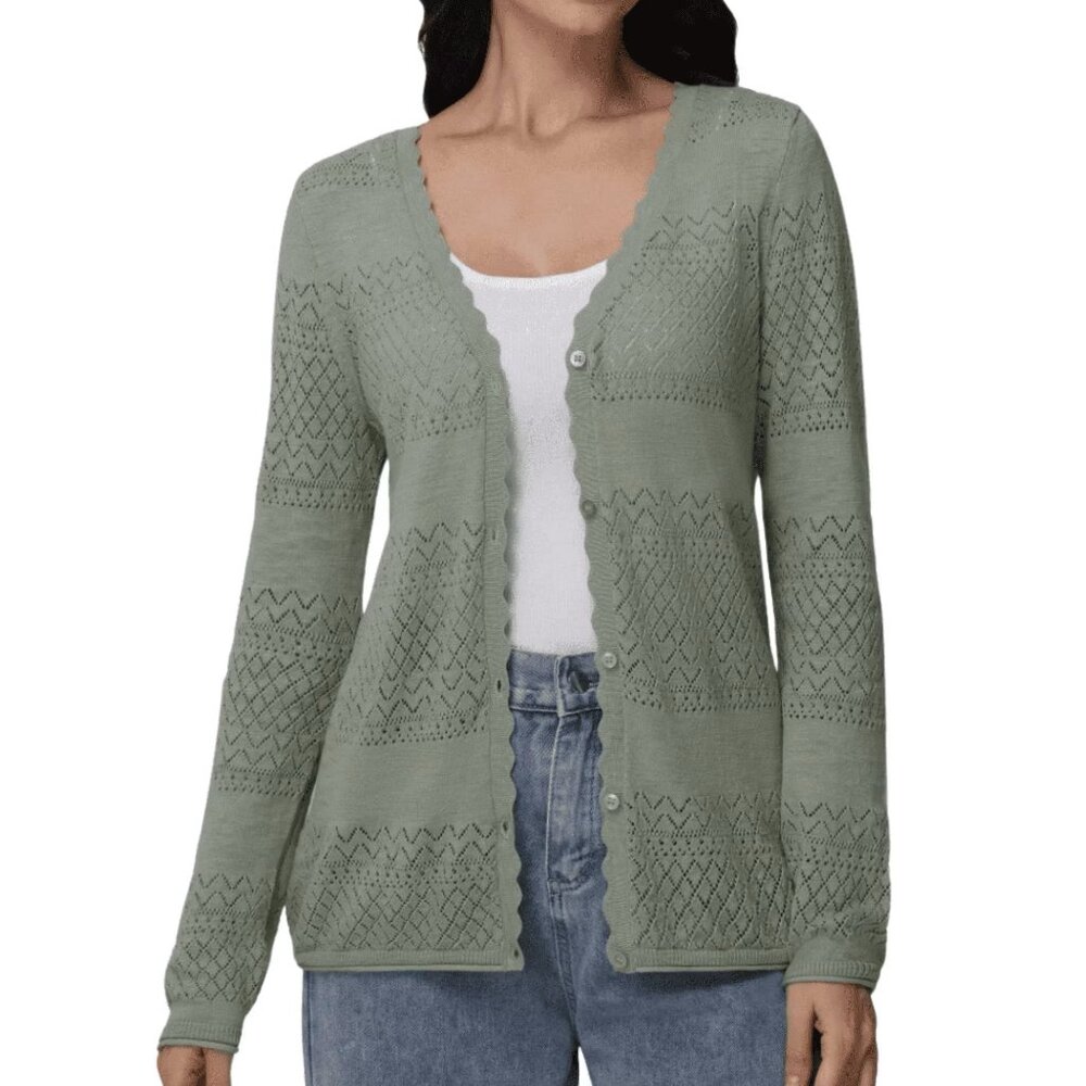 FRYE Sage Green Scalloped Trim V-Neck Cardigan / Sweater – Large